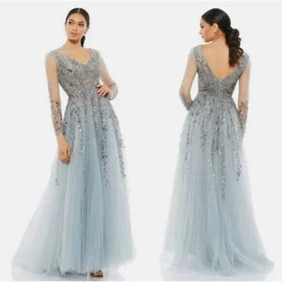 Mac Duggal NWT Platinum Gray Beaded Embroidered Maxi Gown Dress Size 16 #20295 - Picture 1 of 8
